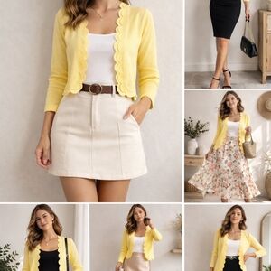 💛Nina Leonard 1X Yellow Scalloped Cardigan –  Feminine Lightweight Sweat